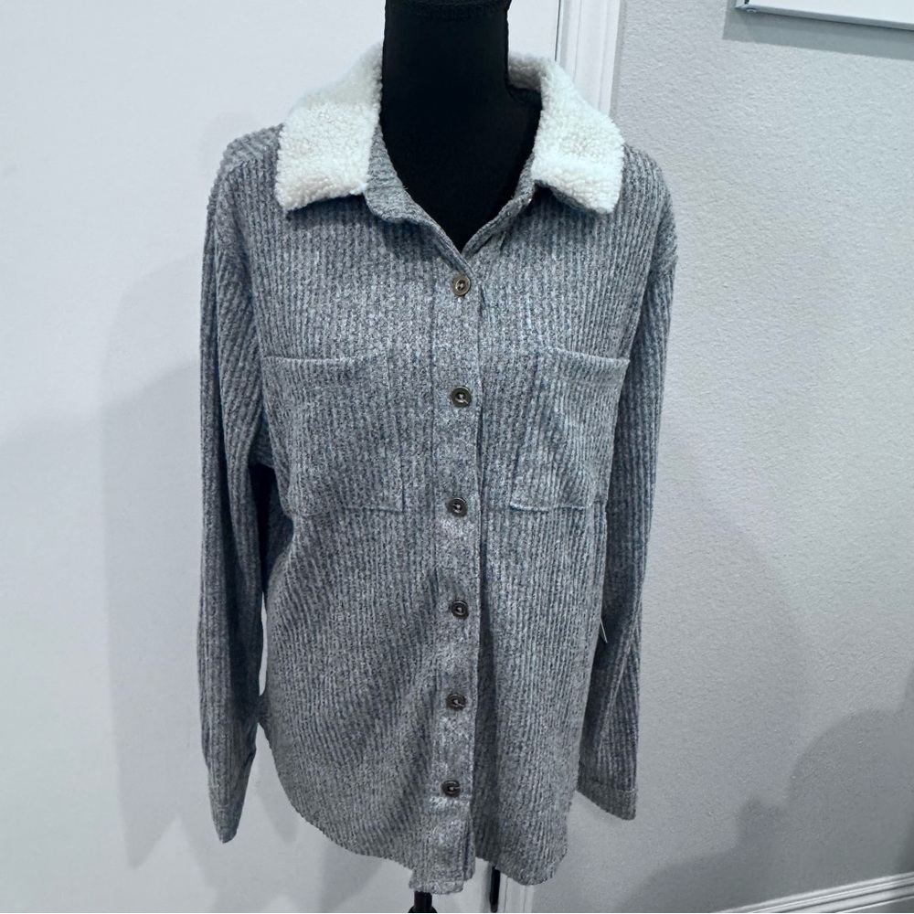 Joie de Vivre Women’s Button Down Soft Top Shacket Layered Soft Sherpa Collar 2X